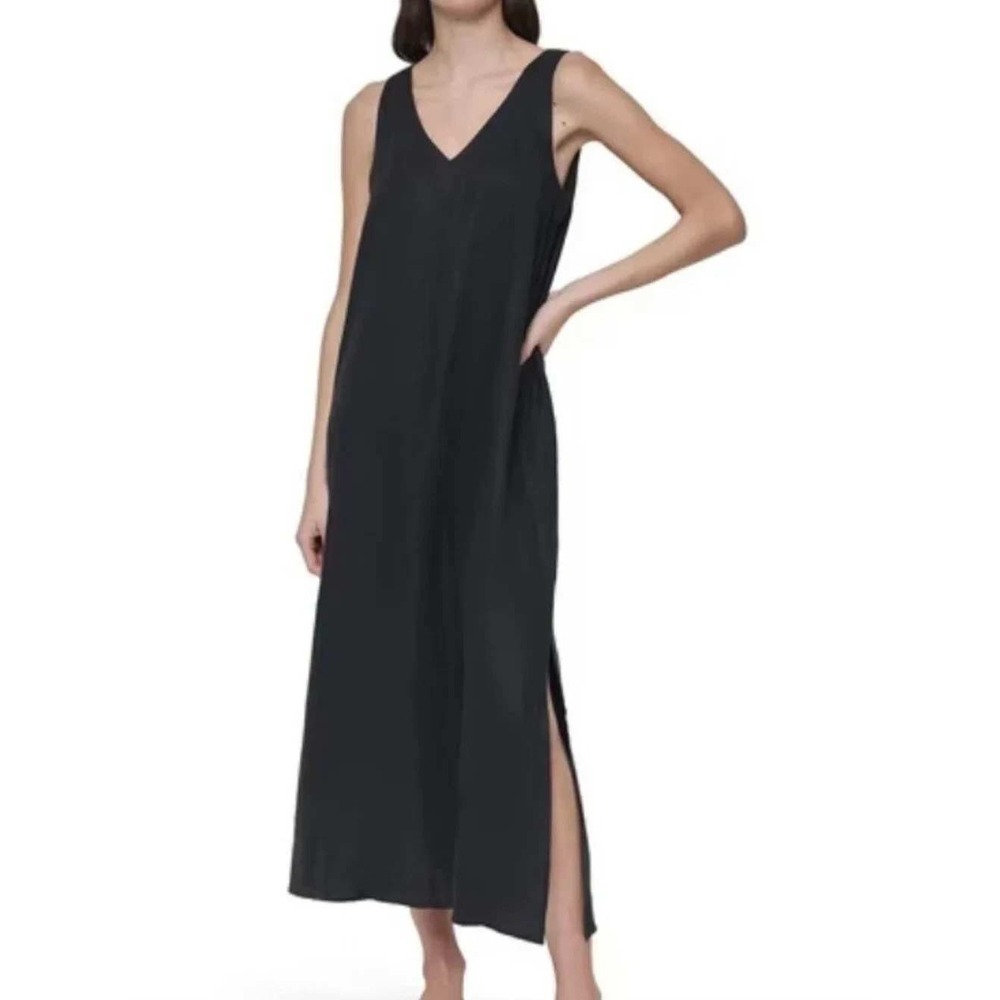 DKNY Linen Blend Midi Dress Sz XS Black V-Neck Sleeveless Minimalist Side Slit